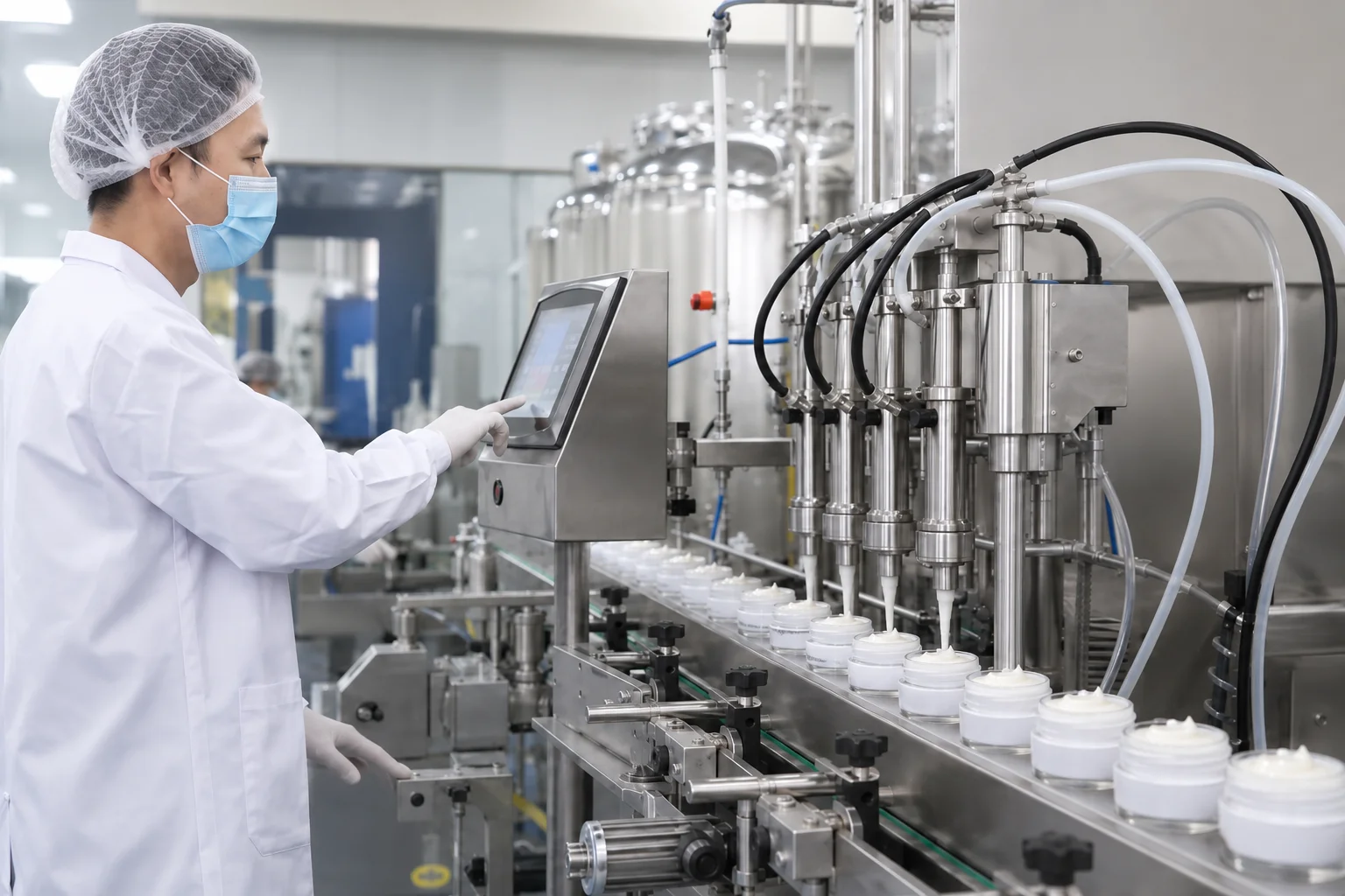 Worker operating a touchscreen interface in a factory overseeing an automated cream filling machine line with containers on a conveyor belt.
